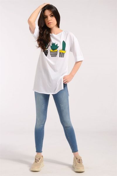 Nefise Kaktüs Baskılı Tshirt Beyaz resmi