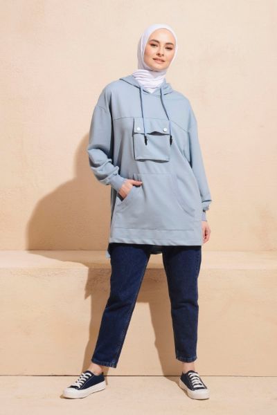 Nefise Kapüşonlu Cepli Penye Sweatshirt Mavi resmi