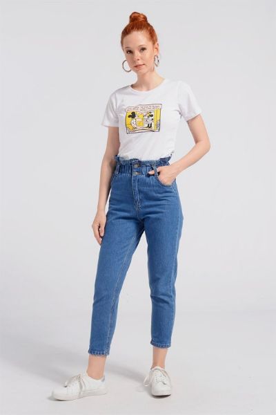 Nefise Beli Lastikli Boyfriend Kot Pantolon Ara Mavi resmi