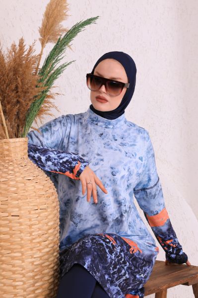 Süssü Batik Desen Tesettür Mayo Mavi resmi