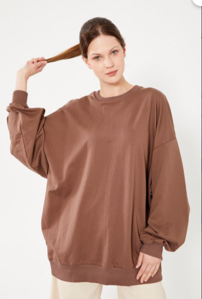 Levidor Bisiklet Yaka Oversize Sweat Kahve resmi