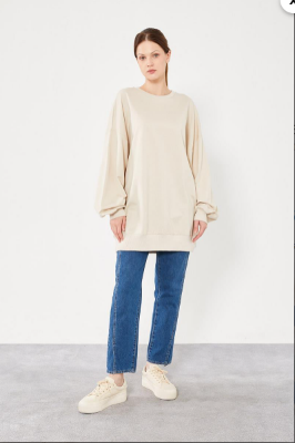 Levidor Bisiklet Yaka Oversize Sweat Bej resmi